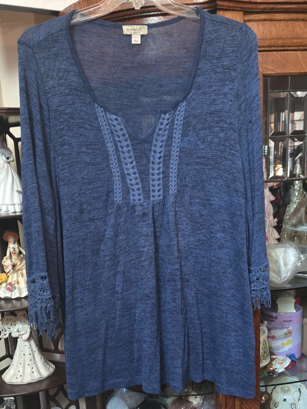 ONE WORLD Navy Blue Crochet-Trim V-Neck Tunic Sweater